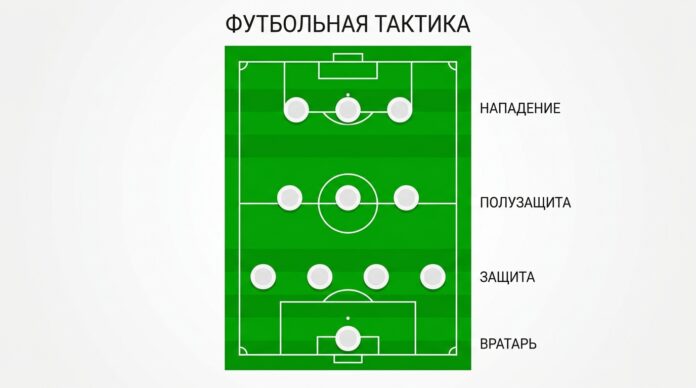 Тактические схемы в футболе: расстановка 4-3-3 на поле с подписями линий