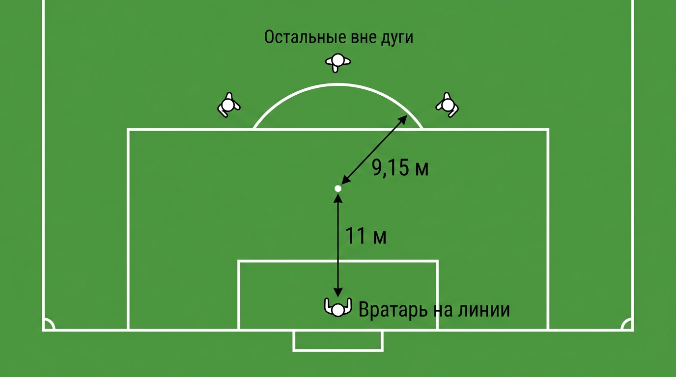 Схема пенальти: точка в 11 метрах от линии ворот и дуга радиусом 9,15 метра