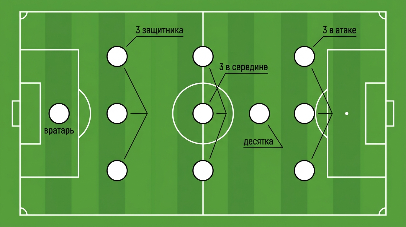 Расстановка 3-3-1-3: защитники, середина, десятка и тройка атаки