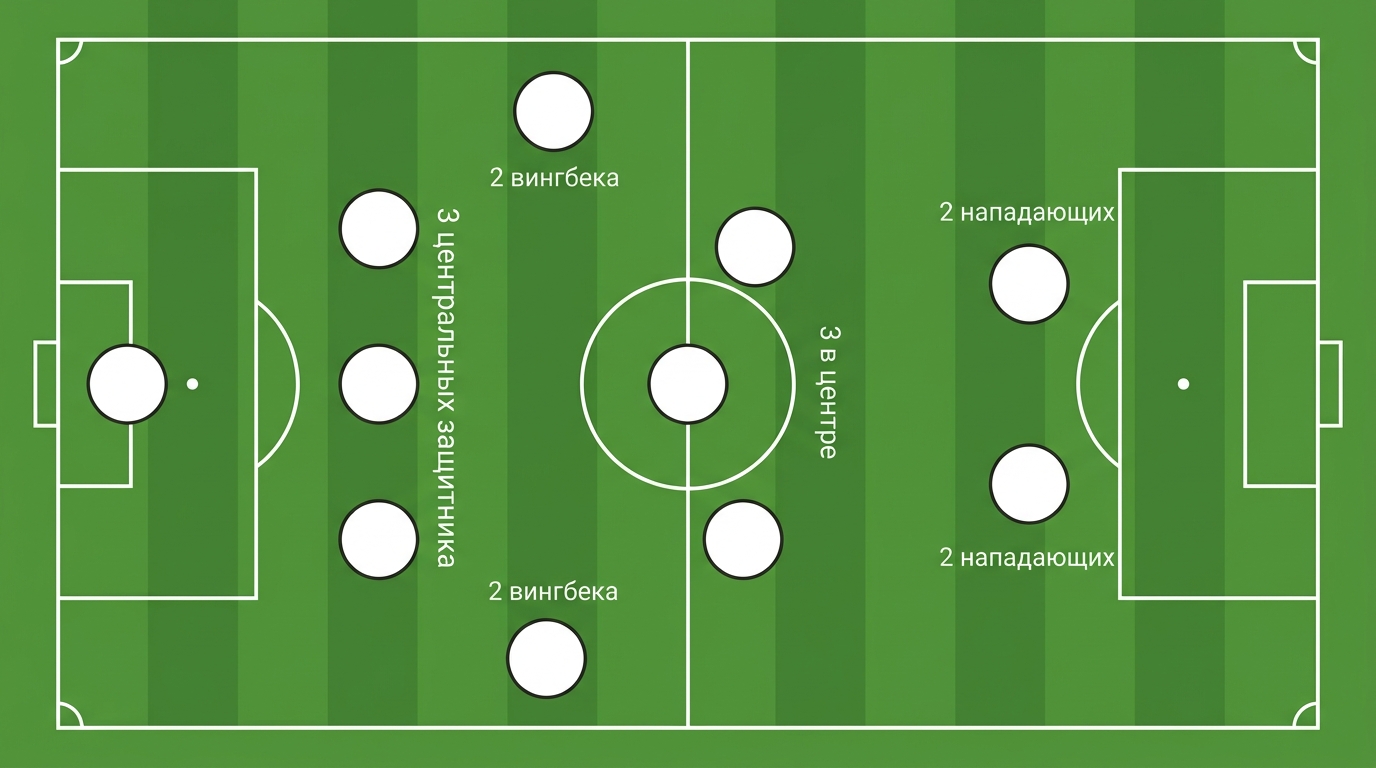 Расстановка 3-5-2: центральные защитники, вингбеки, центр и нападающие