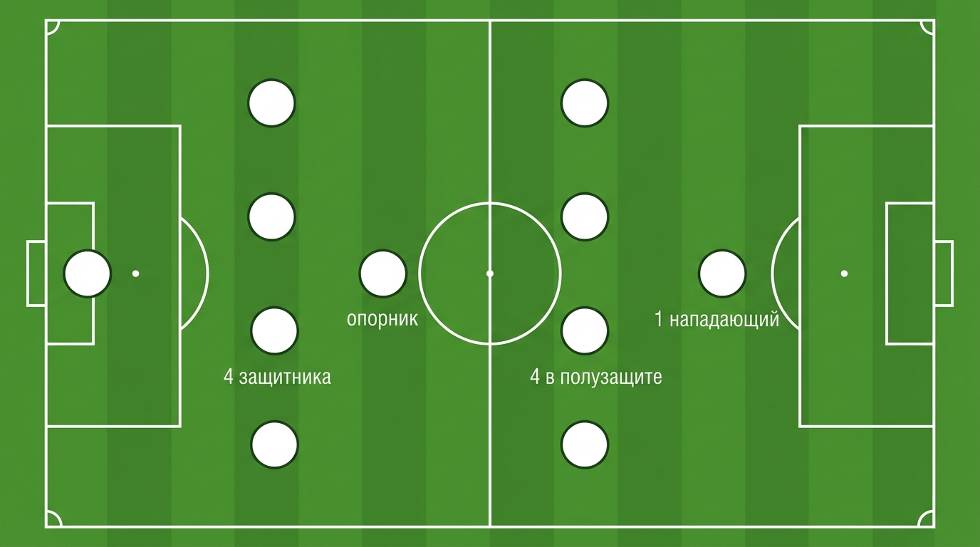 Расстановка 4-1-4-1: четвёрка защиты, опорник, четвёрка полузащиты и форвард