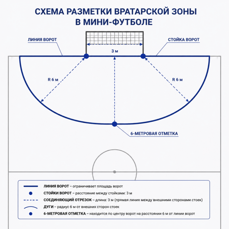 Детальная схема разметки штрафной площади в мини-футболе. Линия ворот, стойки ворот (расстояние 3 м), две дуги радиусом 6 м от внешних сторон стоек, соединяющий отрезок 3 м, 6-метровая отметка по центру — все размеры подписаны. Alt: «Схема разметки вратарской зоны в мини-футболе с указанием размеров»