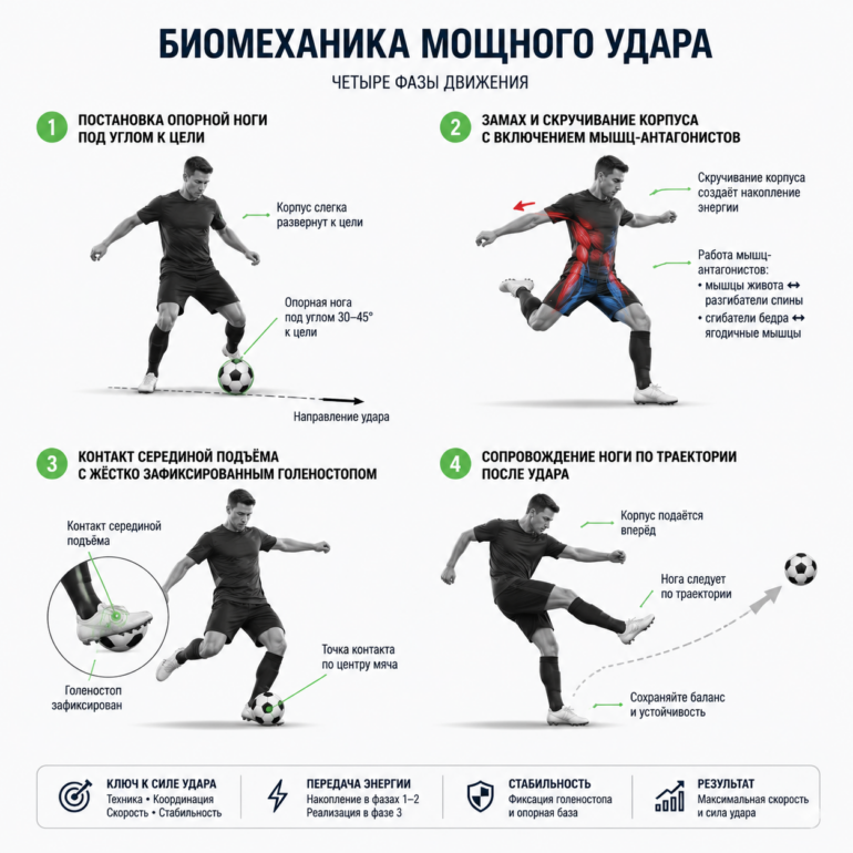 Биомеханика мощного удара — четыре фазы движения с выносками: 1) постановка опорной ноги под углом к цели, 2) замах и скручивание корпуса с включением мышц-антагонистов, 3) контакт серединой подъёма с жёстко зафиксированным голеностопом, 4) сопровождение ноги по траектории после удара. Alt: «Техника самого сильного удара в футболе по мячу»