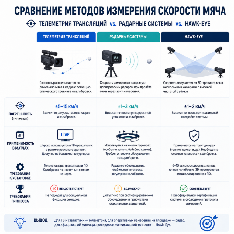 Сравнение методов измерения скорости мяча — телеметрия трансляций vs. радарные системы vs. Hawk-Eye: погрешность, применимость в матчах, требования Гиннесса