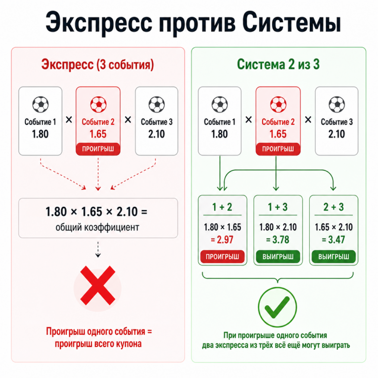 Сравнительная схема «Экспресс против Системы» — два параллельных столбца. Слева: экспресс из 3 событий, стрелки показывают перемножение коэффициентов, красный крест при проигрыше одного события (весь купон горит). Справа: система 2 из 3, три отдельных пары-экспресса, зелёная галочка при проигрыше одного события (два экспресса из трёх всё равно могут выиграть). Стиль: инфографика для беттинг-блога, чёткая и читаемая