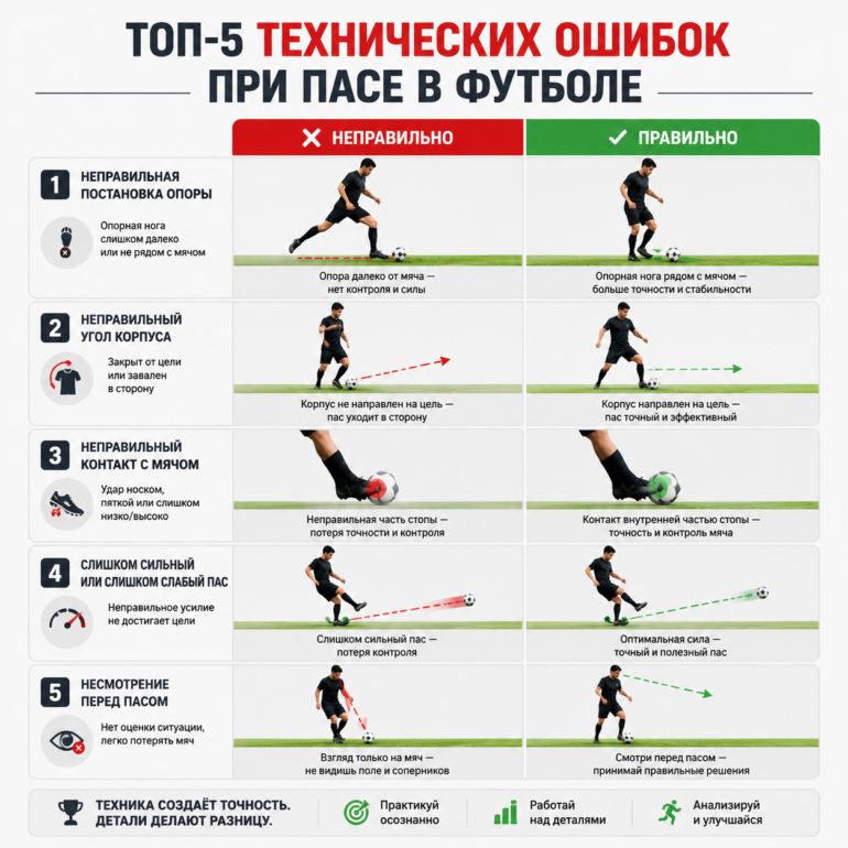 Топ-5 технических ошибок при пасе в футболе — визуальное сравнение неправильного и правильного выполнения каждой фазы с подписями