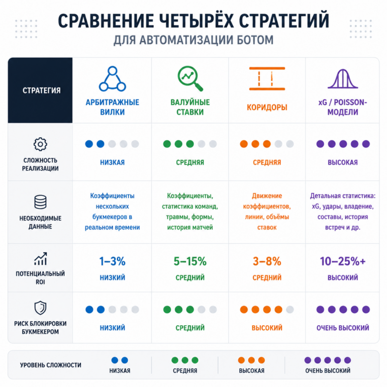 Сравнение четырёх стратегий для автоматизации ботом: арбитражные вилки, валуйные ставки, коридоры, xG/Poisson-модели. По каждой стратегии: сложность реализации, необходимые данные, потенциальный ROI, риск блокировки букмекером. Стиль — минималистичная инфографика с цветовым кодированием уровня сложности.