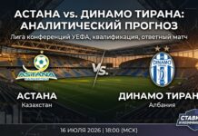 Астана – Динамо Тирана: прогноз и ставка на матч Лиги конференций 16.07.2026