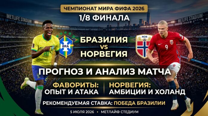 Бразилия – Норвегия: экспертный анализ матча плей-офф Чемпионата мира 5 июля 2026 Бразилия – Норвегия: прогноз и ставка на матч 1/8 финала ЧМ-2026 по футболу 5 июля