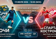 Прогноз на матч Сочи – Спартак Кострома 19 июля 2026: анализ и ставки Сочи – Спартак Кострома: прогноз и ставка на матч 19 июля 2026