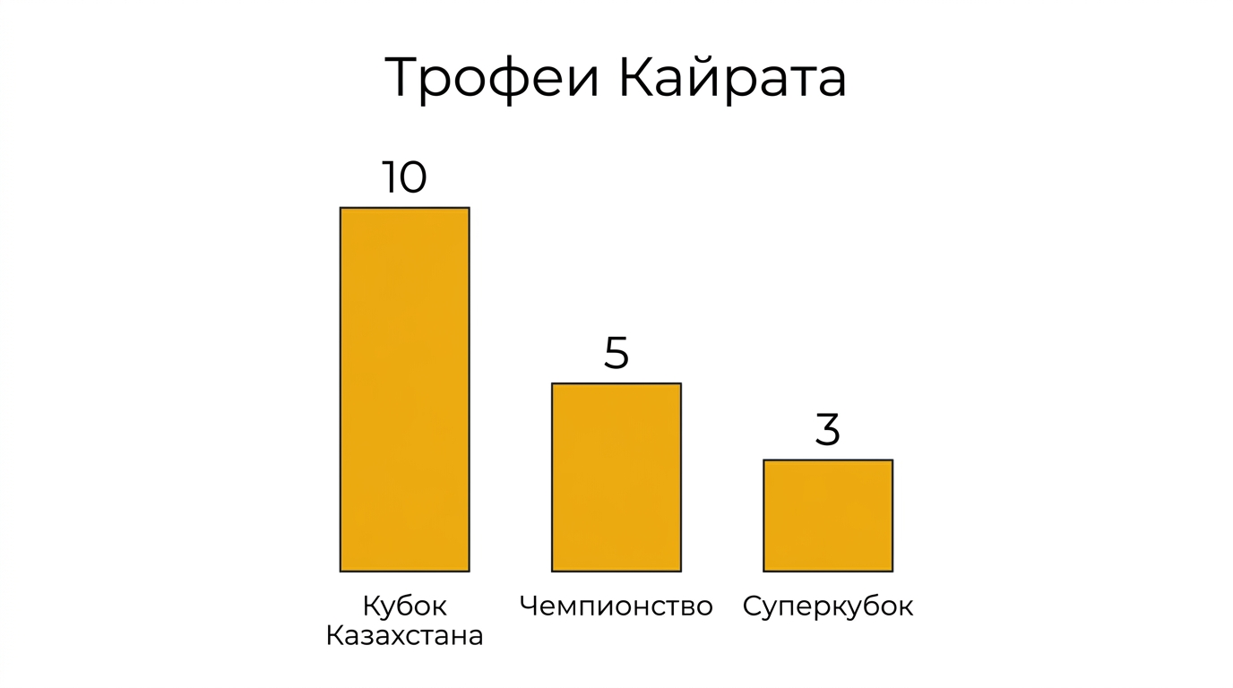 Трофеи ФК Кайрат: 10 Кубков Казахстана, 5 чемпионств, 3 Суперкубка