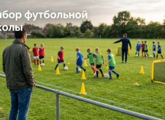 Детская тренировка по футболу, родитель наблюдает с кромки поля
