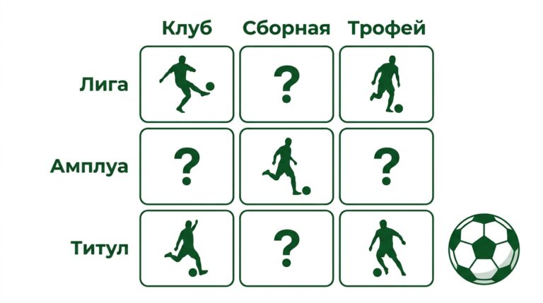 Футбольный тест 3 на 3: сетка из девяти клеток на пересечении клуба, сборной и трофея