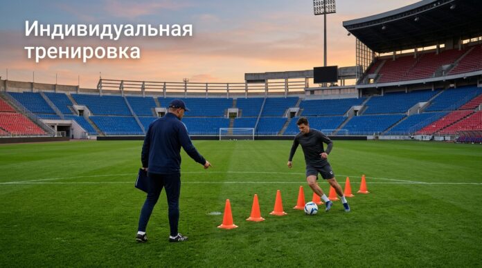Тренер занимается с игроком один на один на поле