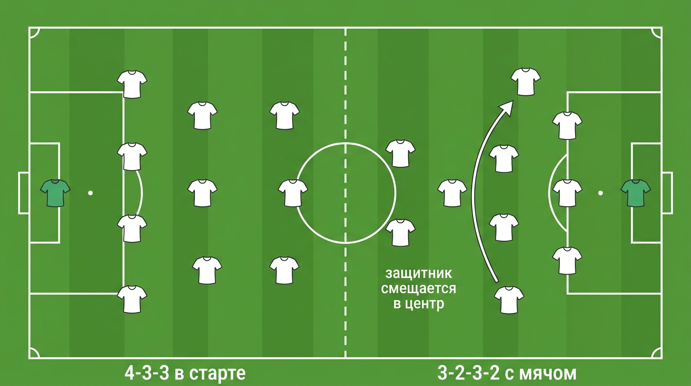 Как из 4-3-3 получается 3-2-3-2: крайний защитник смещается в центр