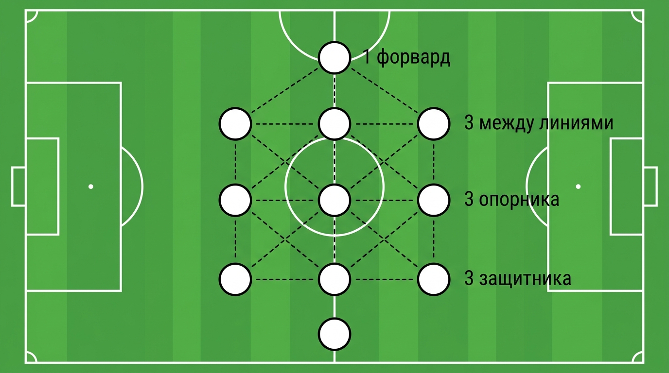 Схема 3-3-3-1: три защитника, три опорника, три между линиями и форвард
