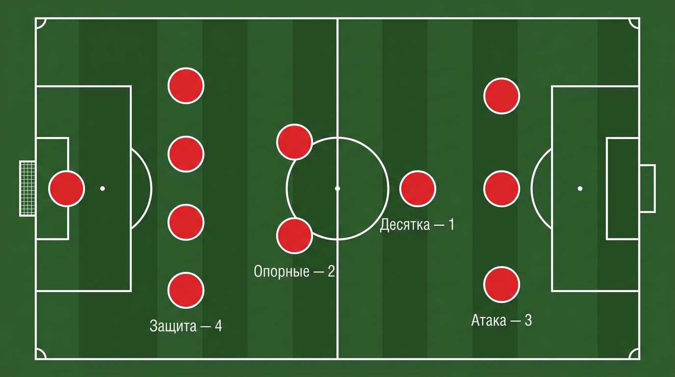 Расстановка 4-2-1-3: защита, два опорных, десятка и тройка атаки