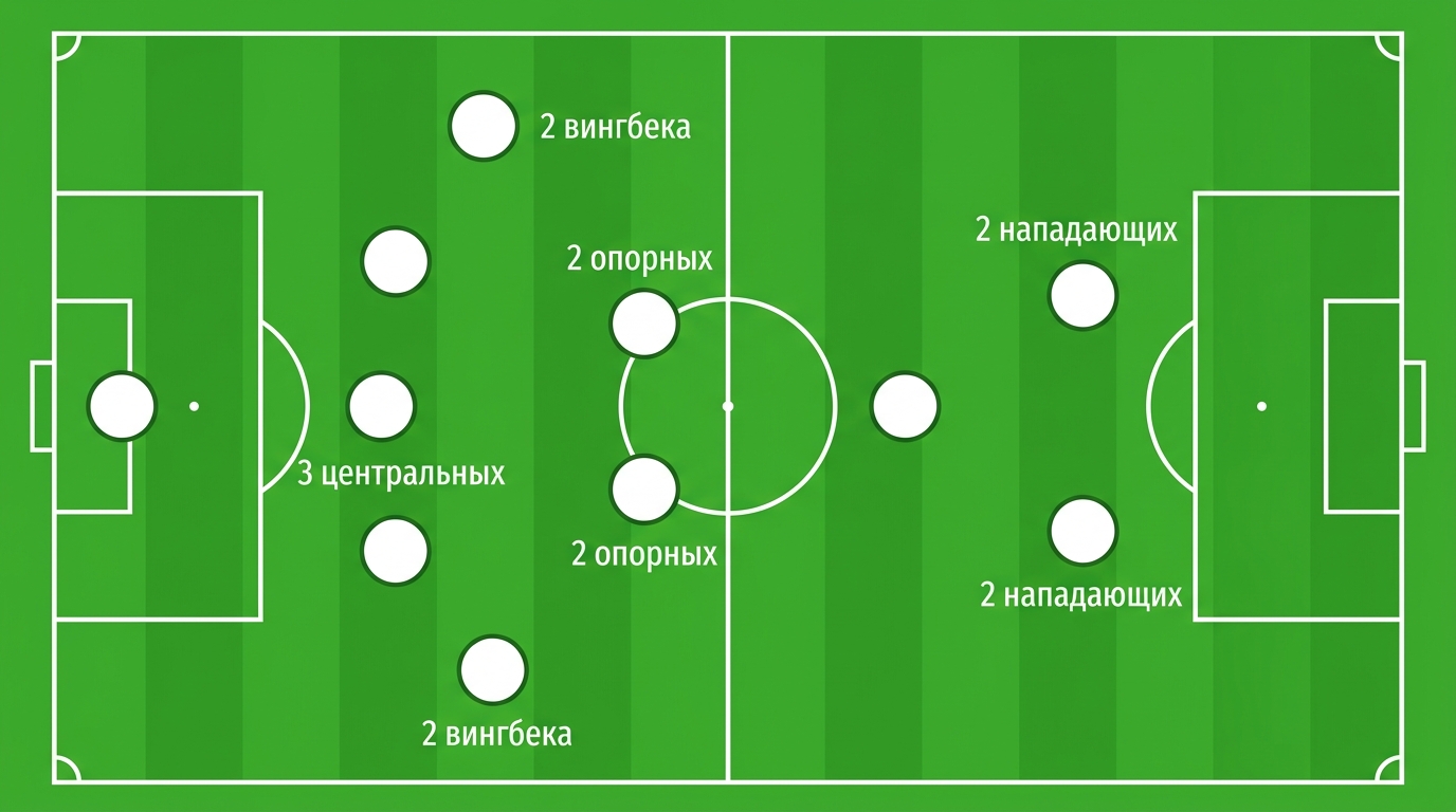 Расстановка 5-2-1-2: три центральных, два вингбека, два опорных и два нападающих