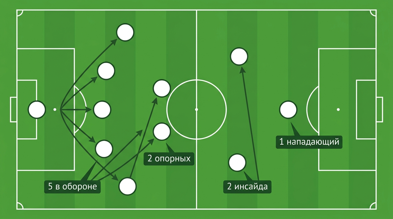 Расстановка 5-2-2-1: пятёрка в обороне, два опорных, два инсайда и форвард