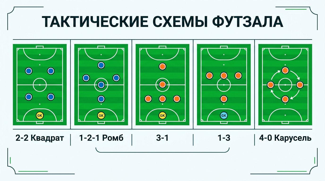 Пять схем футзала: 2-2, 1-2-1, 3-1, 1-3, 4-0