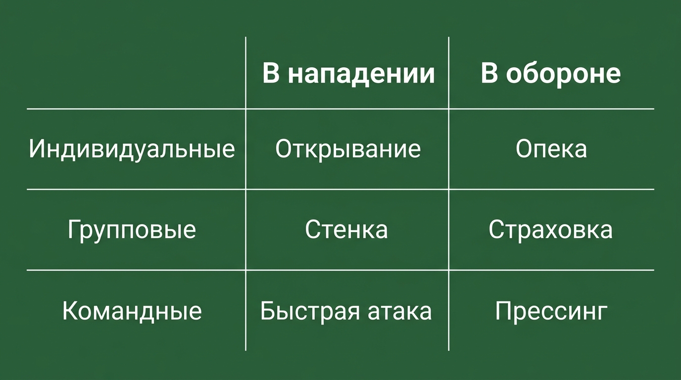 Классификация тактических действий в футболе — таблица