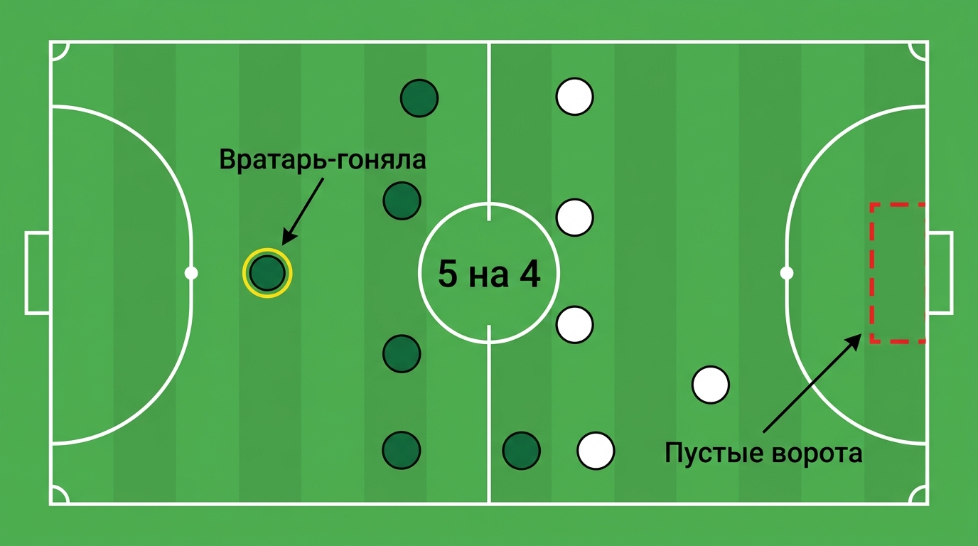 Игра с вратарём-гонялой в мини-футболе: пять на четыре