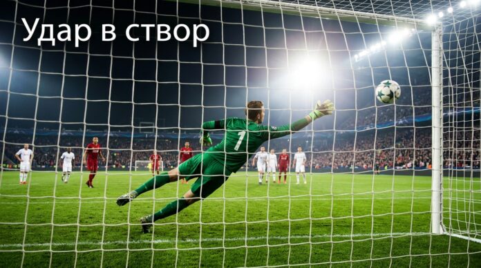 Мяч летит в верхний угол ворот, вратарь в прыжке