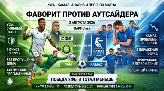 Уфа – КАМАЗ прогноз и ставка на матч 3 августа 2026: анализ и коэффициенты
