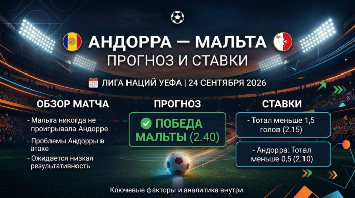 Андорра — Мальта: прогноз на матч Лиги наций УЕФА 24 сентября 2026 Андорра – Мальта: прогноз и ставка на матч Лиги наций УЕФА 24.09.2026