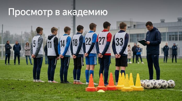 Юные футболисты на просмотре, тренер с планшетом