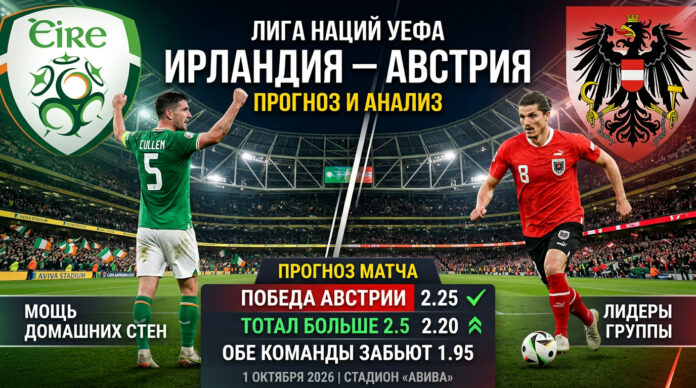 Ирландия – Австрия: прогноз на матч Лиги наций УЕФА 1 октября 2026 Ирландия – Австрия: прогноз и ставка на матч Лиги наций 1 октября 2026