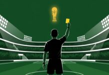 Футбольный арбитр в чёрной форме с жёлтой карточкой на фоне стадиона — обложка биографии Пьерлуиджи Коллины
