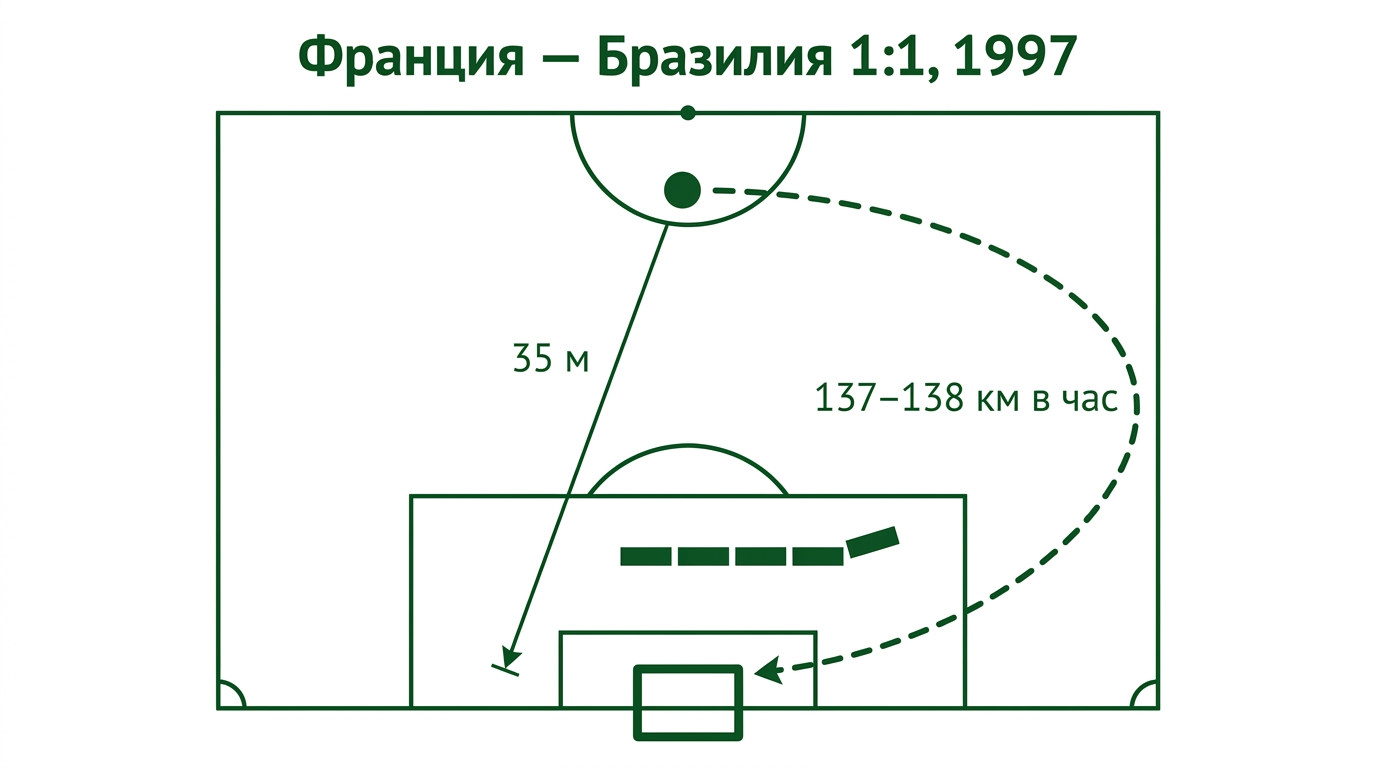 Схема штрафного Роберто Карлоса в матче Франция — Бразилия 3 июня 1997 года