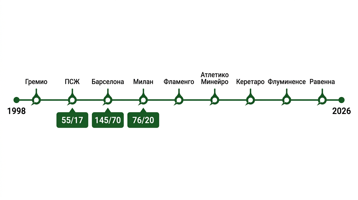 Клубы Роналдиньо с 1998 по 2026 год