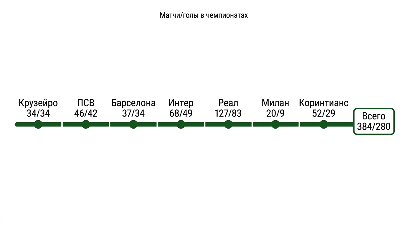 Клубная карьера Роналдо Назарио с 1993 по 2011 год: матчи и голы в чемпионатах